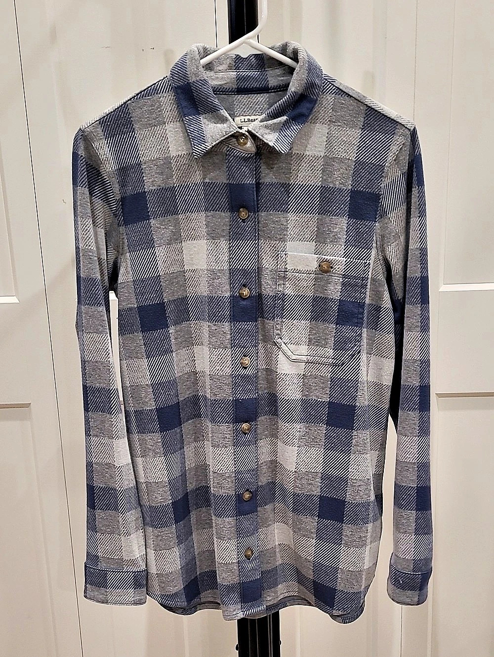 L.L.Bean Plaid Knit Button Down Shirt Blue & Gray